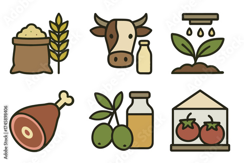 Agriculture and farming product vector icon set. Collection of farm food symbols like wheat, milk, meat, and vegetables.