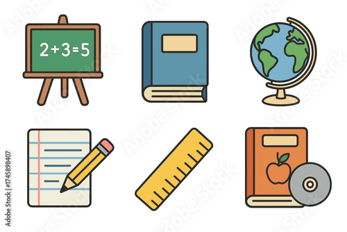 School supplies and education vector icon set. Collection of learning tools like book, globe, and chalkboard.