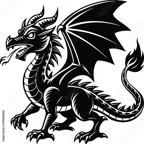 Striking black dragon tattoo design with bold tribal illustration of the animal's head and wings as a powerful symbol