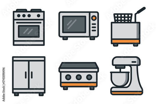 Kitchen and restaurant appliances vector icon set. Collection of stove, microwave, mixer, and fryer symbols.