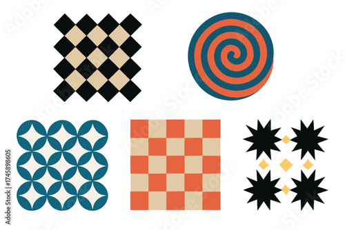 Retro geometric patterns vector set. Collection of abstract seamless backgrounds with checkerboard, spiral, and shapes.