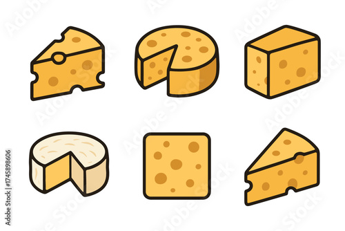 Cheese isometric vector icon set. Collection of various cheese types like swiss, cheddar, and brie in 3D style.