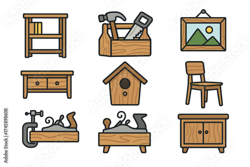 Woodworking and furniture making vector icon set. Collection of wooden items, carpentry tools, and DIY projects.