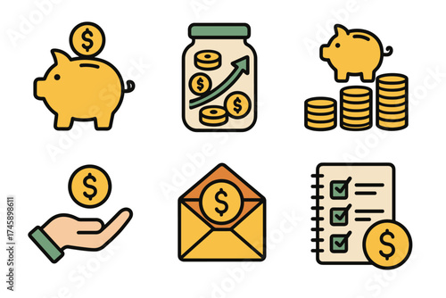Money savings and personal finance vector icon set. Collection of piggy bank, investment, and budget symbols.