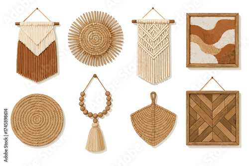 Boho wall decor and macrame vector illustration set. Realistic collection of natural and rustic interior decorations.