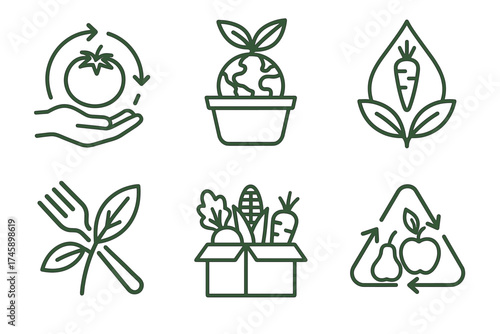 Sustainable food and organic farming line icon set. Green vector symbols for local, eco friendly, and vegan food.
