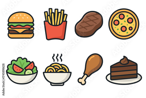 Restaurant and fast food menu icon set. Vector collection of hamburger, pizza, pasta, steak, and salad.