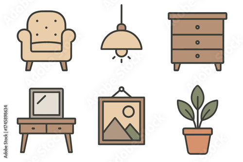Cozy home furniture and interior decor vector icon set. Collection of armchair, lamp, and plant symbols.