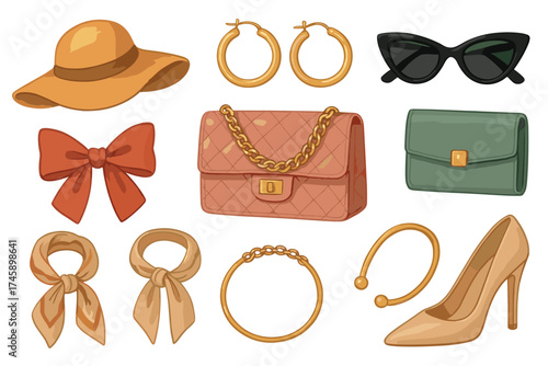 Women's fashion accessories vector illustration set. Collection of handbag, shoes, jewelry, and sunglasses.