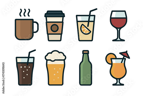 Drinks and beverages vector icon set. Collection of coffee, beer, wine, juice, and cocktail symbols.