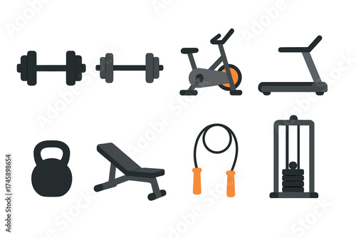 Gym and fitness equipment flat icon set. Vector collection of dumbbell, treadmill, and workout machine silhouettes.
