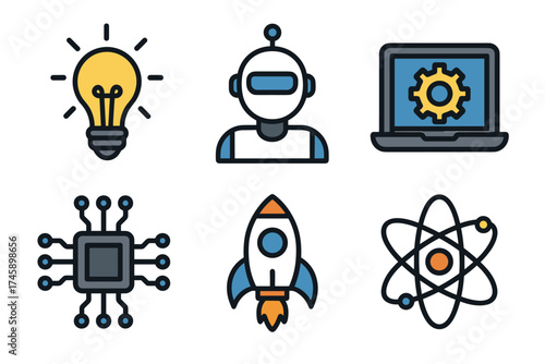 Science and technology innovation vector icon set. Symbols for idea, robotics, development, and research.