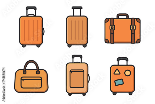 Travel luggage and suitcase vector icon set. Collection of various bags for vacation, journey, and tourism.