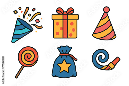 Party and celebration colorful vector icon set. Collection of birthday symbols like gift, hat, and confetti popper.