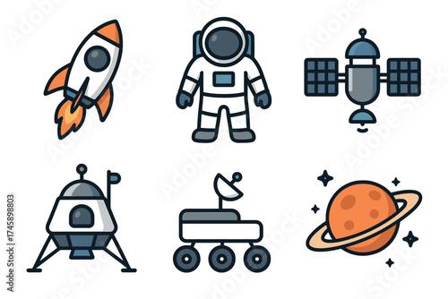 Space exploration and astronomy vector icon set. Collection of astronaut, rocket, satellite, and planet symbols.