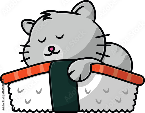 Cute Sleeping Cat Mascot Lying on Salmon Nigiri Sushi

