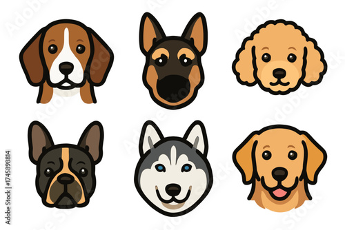 Dog breed heads cute cartoon vector icon set. Collection of popular pet faces like beagle, husky, and golden retriever.