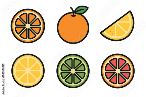 Citrus fruits vector icon set. Collection of fresh orange, lemon, lime, and grapefruit slices.