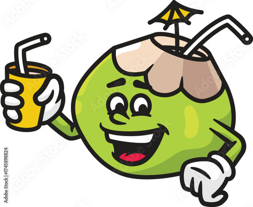 Vector Illustration of a Cheerful Coconut with an Umbrella and Cup