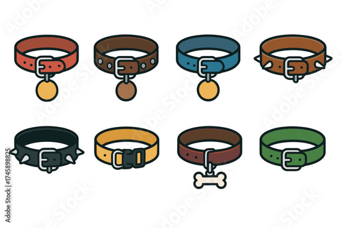 Dog collars vector icon set. Colorful collection of pet accessories with tags, studs, and buckles.