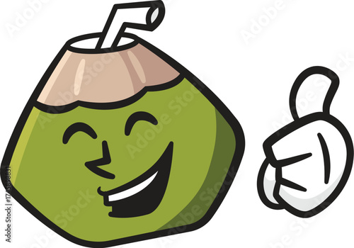 Cute Cartoon Illustration of a Young Coconut Mascot, Fresh Drink