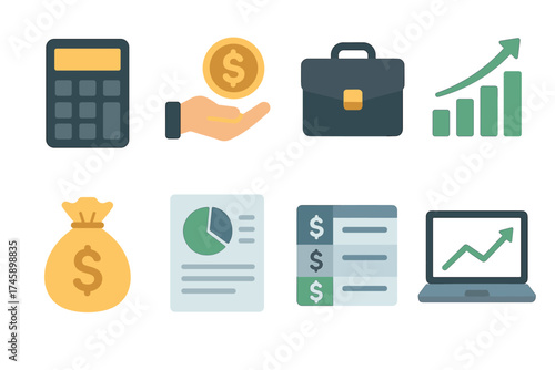 Business and finance flat icon set. Collection of vector symbols for investment, accounting, and market growth.