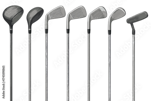 Golf club types vector illustration set. Realistic collection of driver, wood, iron, and putter sport equipment.