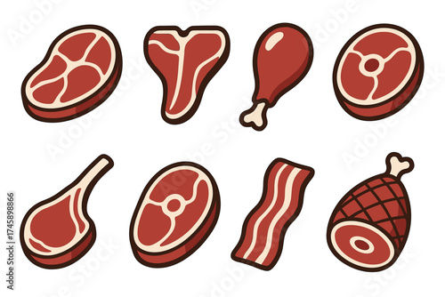 Raw meat and butcher shop products vector icon set. Collection of various beef, pork, and chicken cuts.