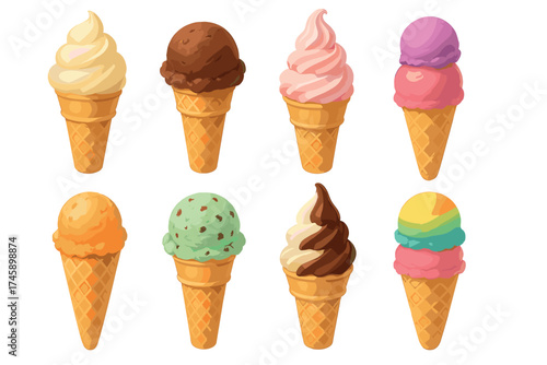 Ice cream cones vector illustration set. Collection of different flavors like chocolate, vanilla, and strawberry in waffle cones.