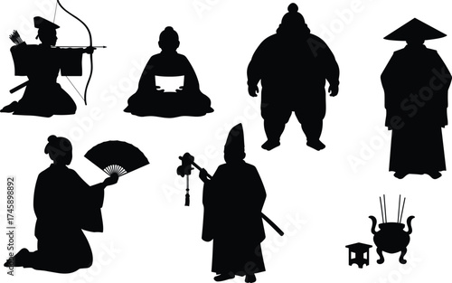 Japanese silhouette collection, samurai, monk, archer, geisha with fan, traditional rituals, cultural heritage, martial arts, Japan history, Asian illustration, spirituality