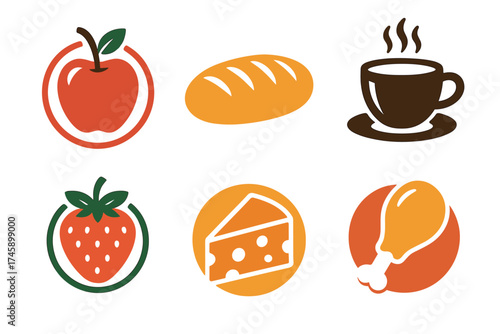 Food and drink simple icon and logo set. Vector collection of apple, bread, coffee, and cheese symbols.