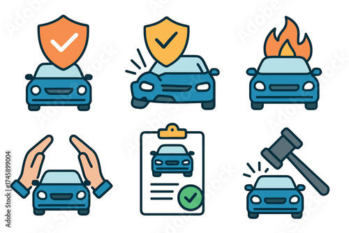 Car insurance and auto accident vector icon set. Symbols of vehicle protection, crash, and claim services.