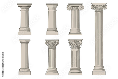 Ancient greek and roman columns vector illustration set. Hand drawn collection of doric, ionic, and corinthian pillars.