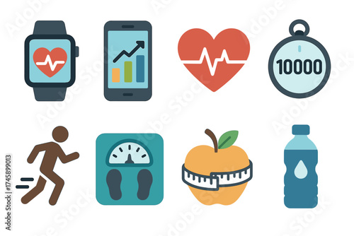 Fitness and health tracking flat icon set. Vector symbols for workout, diet, running, and using a smartwatch.