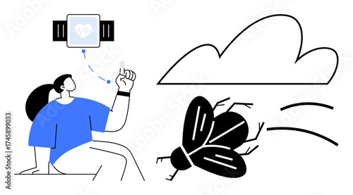 Woman seated with a smartwatch displaying health data, raising her hand towards a fly. Cloud above, symbolizing outdoor setting. Ideal for technology, health, mindfulness, nature, biometrics