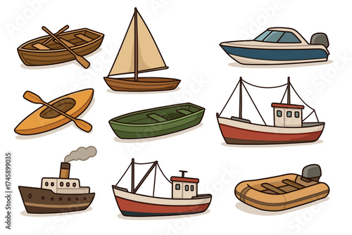 Boats and ships cartoon vector illustration set. Collection of various water transport like sailboat, fishing boat, and kayak.