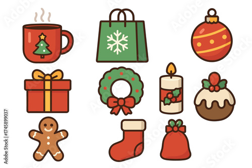 Cute christmas and winter holiday cartoon icon set. Collection of festive symbols like gift, stocking, and gingerbread man.