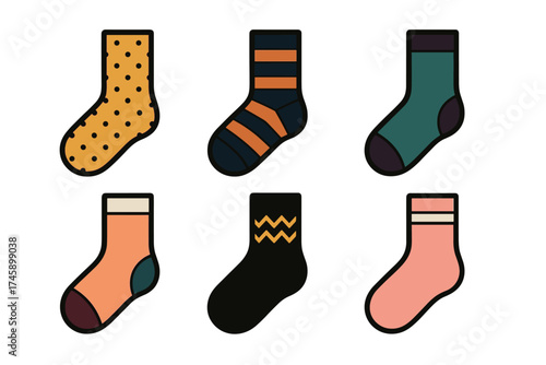 Colorful socks with patterns vector icon set. Collection of various hosiery designs for men and women.