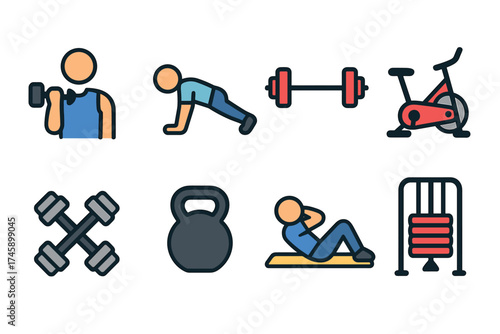 Workout and gym exercise vector icon set. Symbols for fitness training, bodybuilding, and cardio.