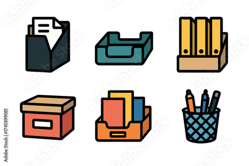 Office desk organizers and file storage vector icon set. Collection of stationery holders, trays, and boxes.