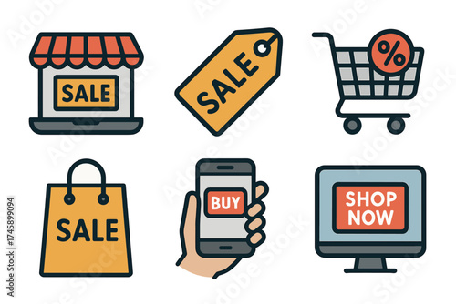Online shopping and sale vector icon set. Symbols for e-commerce, discount, and retail promotion.