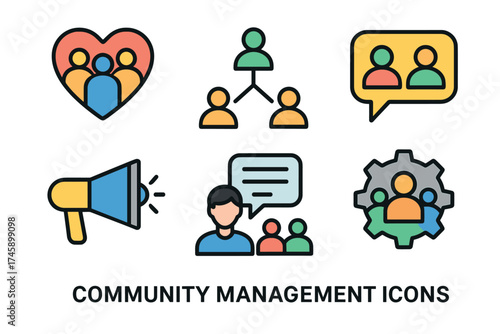 Community management and social media vector icon set. Symbols of user engagement, communication, and teamwork.