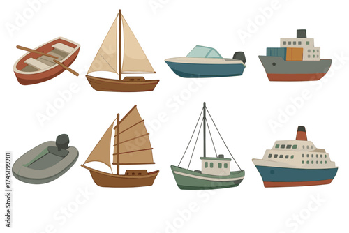 Boats and ships flat vector illustration set. Collection of various watercraft like sailboat, cruise ship, and cargo ship.