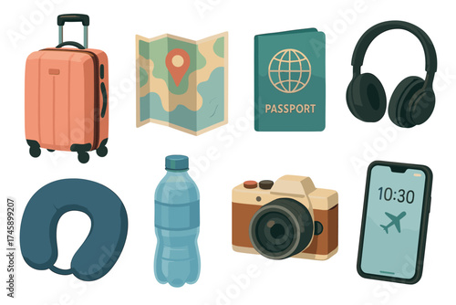 Travel and vacation essentials vector illustration set. Realistic collection of items for a journey or trip.
