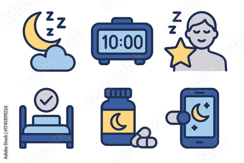 Sleep and insomnia aid vector icon set. Symbols of good night rest, relaxation, and sleep cycle tracking.