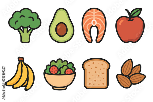 Healthy food and balanced diet vector icon set. Collection of nutritious products like fruit, vegetables, and fish.