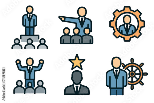 Leadership and business management vector icon set. Symbols of teamwork, motivation, and corporate guidance.