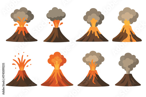 Volcano eruption stages cartoon vector illustration set. Collection of volcanic activity from smoke to lava flow.