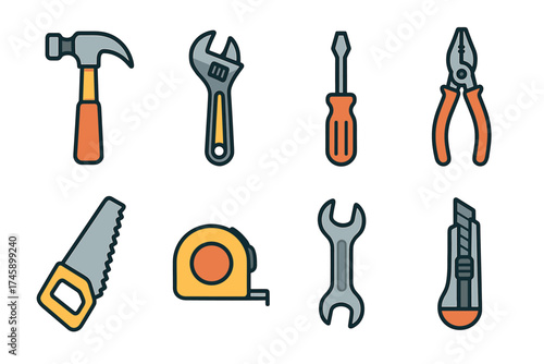 Hand tools and workshop equipment vector icon set. Collection of instruments for repair, construction, and DIY projects.
