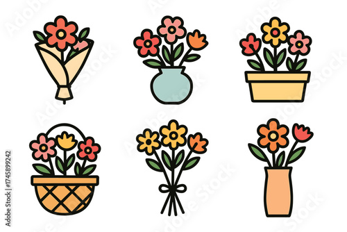 Flower bouquet and arrangement vector icon set. Simple collection of colorful flowers for gifts and decoration.